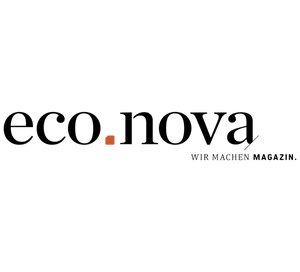 eco.nova – Wirtschaftsmagazin Logo mit orangefarbenem Punkt